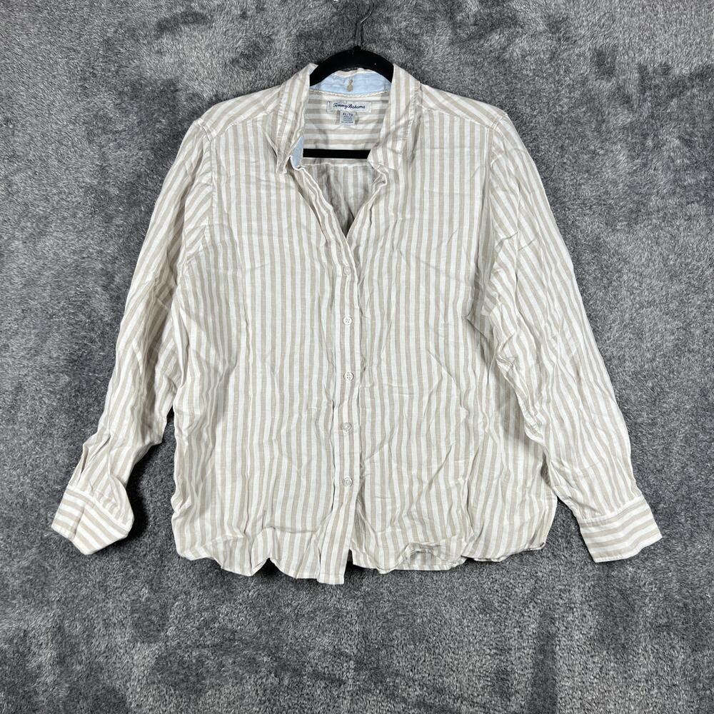 Tommy Bahama Shirt Womens XL Beige Linen Button-Up Striped Lightweight